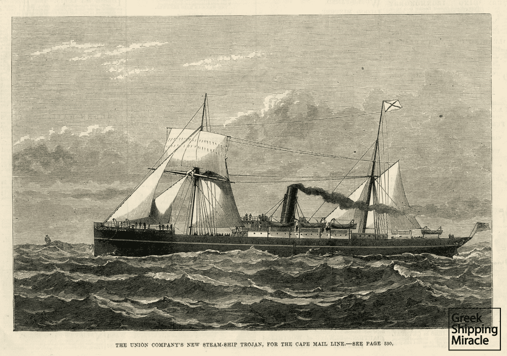 The British steamship TROJAN, characteristic type of vessel combining sail and steam