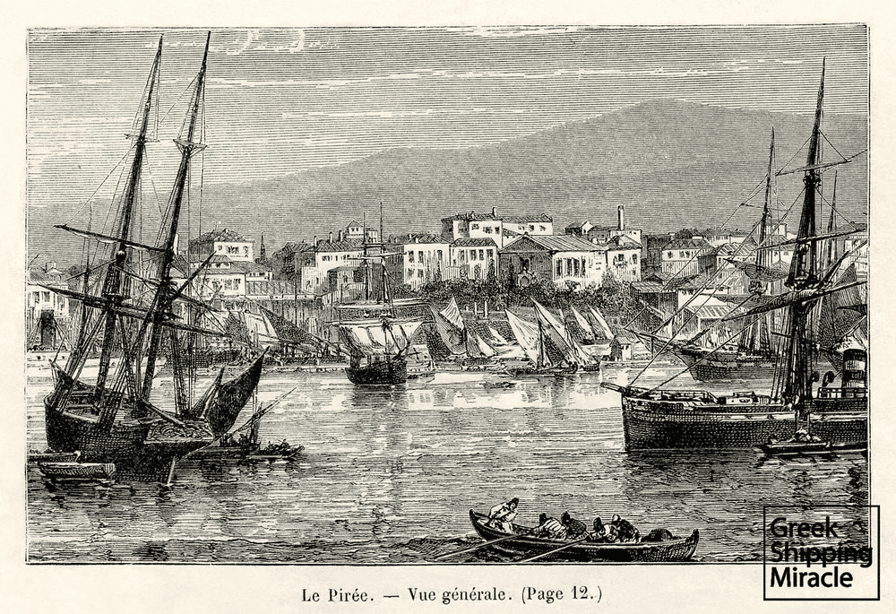 A lithograph of the port of Piraeus, dated 1881