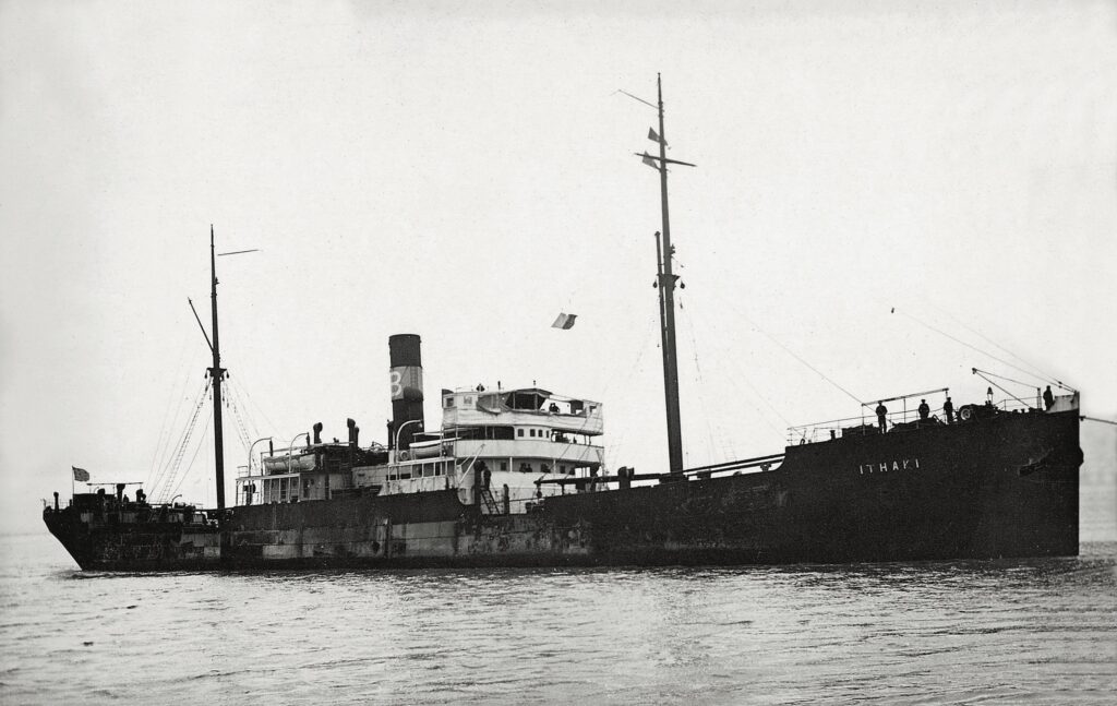 Photograph of the steamship ITHAKI, built in 1899 as INCHKEITH — under the Greek flag since 1908, owned by P.D. Barounos, Ithaki.