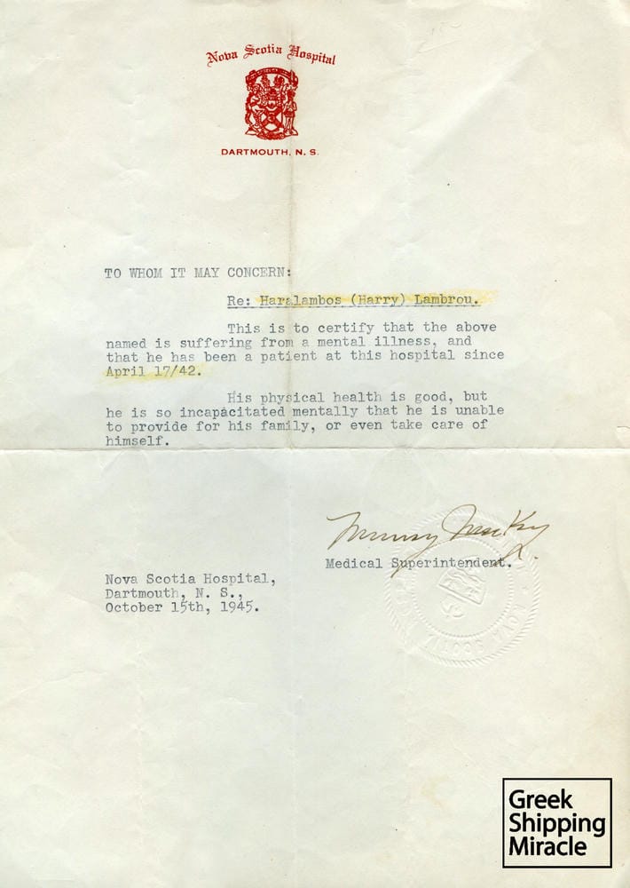 28. Πιστοποιητικό του νοσοκομείου Nova Scotia που αναφέρεται σε σοβαρή διατάραξη της υγείας Έλληνα ναυτικού μετά από τον τορπιλισμό πλοίου του.