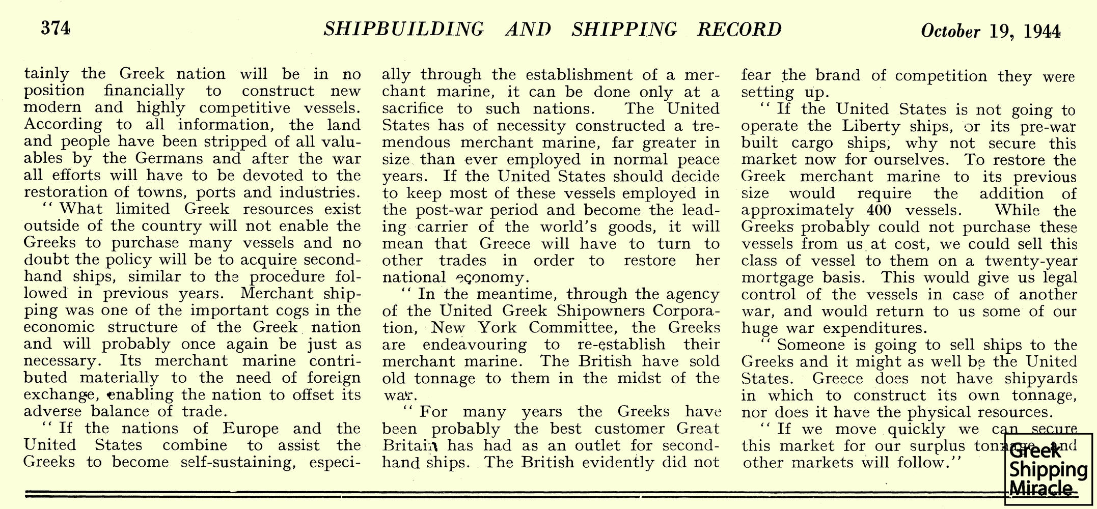 30. Άρθρο του βρετανικού περιοδικού Shipbuilding and Shipping Record, που αναφέρεται στη δυνατότητα πώλησης πλεονάζουσας χωρητικότητας σε Έλληνες μετά τον πόλεμο (2 από 2).