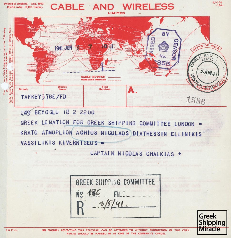44. Τηλεγράφημα σχετικό με την επίταξη ελληνικού ατμοπλοίου AGHIOS NIKOLAOS.