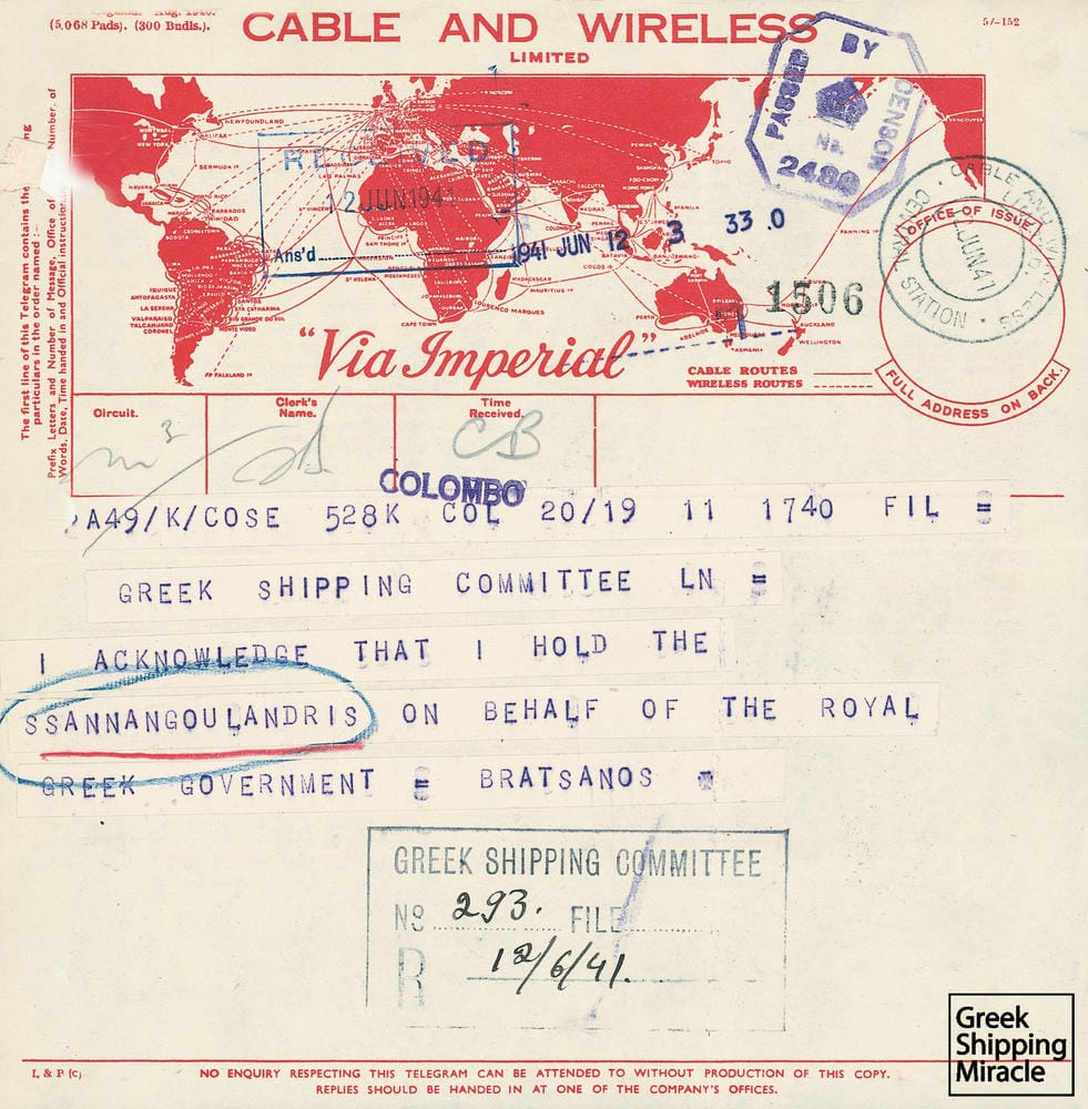 45. Τηλεγράφημα σχετικό με την επίταξη ελληνικού ατμοπλοίου ANNA N. GOULANDRIS.