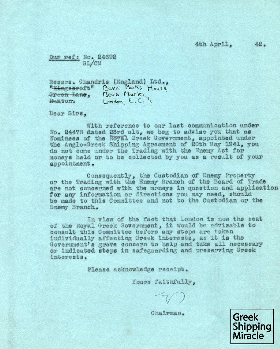 42. Αλληλογραφία σχετική με την ανάθεση της διαχείρισης των επιταγμένων ελληνικών ατμοπλοίων από την Ελληνική Ναυτιλιακή Επιτροπή υπό τον Έλληνα πρέσβη στο Λονδίνο.