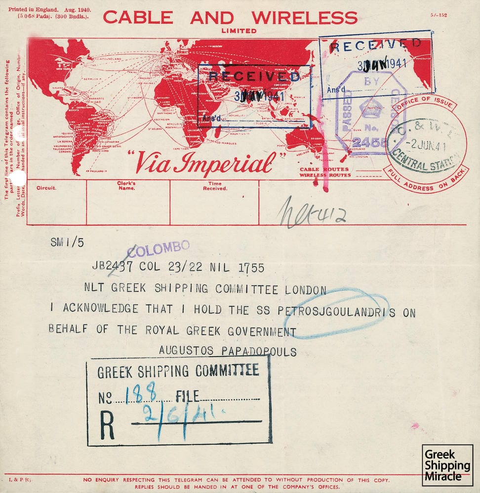 47. Τηλεγράφημα σχετικό με την επίταξη ελληνικού ατμοπλοίου PETROS J. GOULANDRIS.