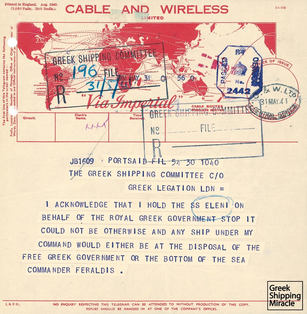 48. Τηλεγράφημα σχετικό με την επίταξη ελληνικού ατμοπλοίου ELENI.