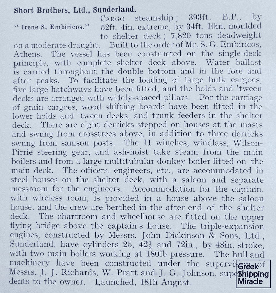 Press cutting from the British magazine The Shipbuilder Vol. XXXVII referring to the launching of the Greek steamship IRENE S. EMBIRICOS in 1927.