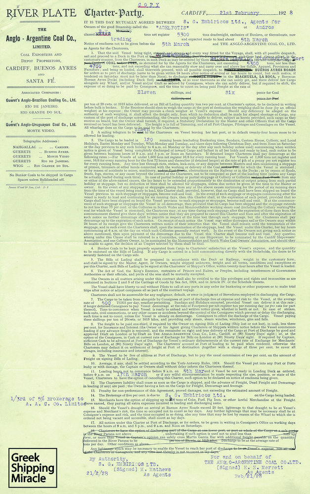 Charter party of Anglo-Argentine Coal Co., Ltd., dated 1928, referring to the Greek steamship ADELFOTIS.