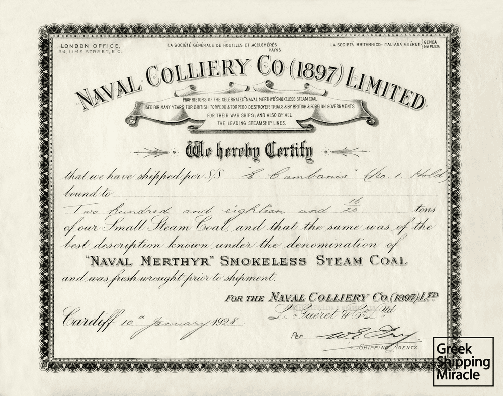 Bill of lading, dated 1928, for the transport of British coal with the Greek steamship EUGENA CAMBANIS