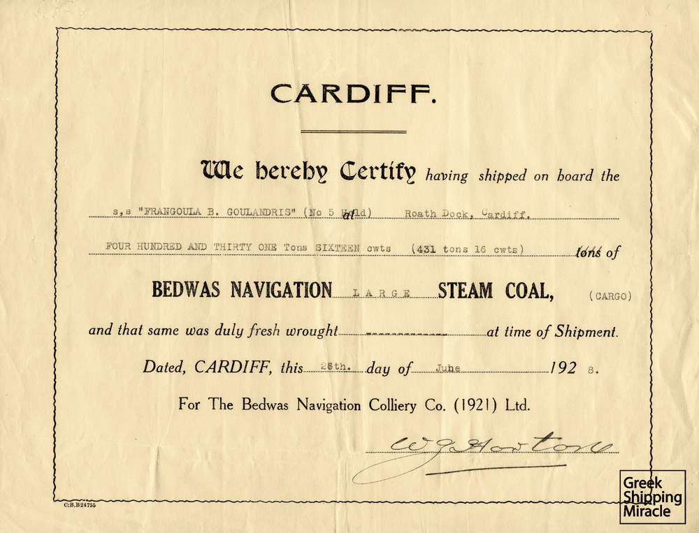 Bill of lading, dated 1928, for the transport of British coal with the Greek steamship FRANGOULA B. GOULANDRIS