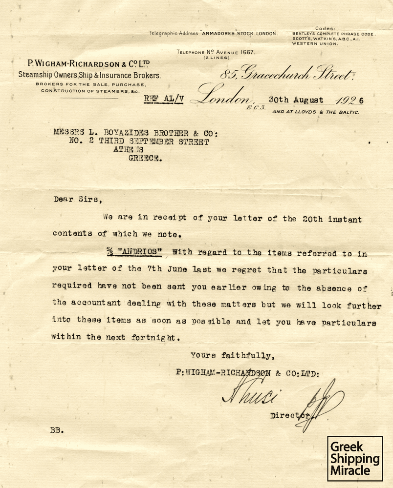 A letter by P. Wigham-Richardson & Co. Ltd., dated 1926, signed by its director Angelo Lusi to the owners of the Greek steamship ANDRIOS