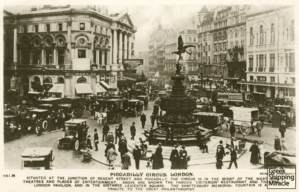 View of the Piccadilly Circus, London in the 1920s. The British capital was home to the majority of Greek maritime activities during the Interwar period