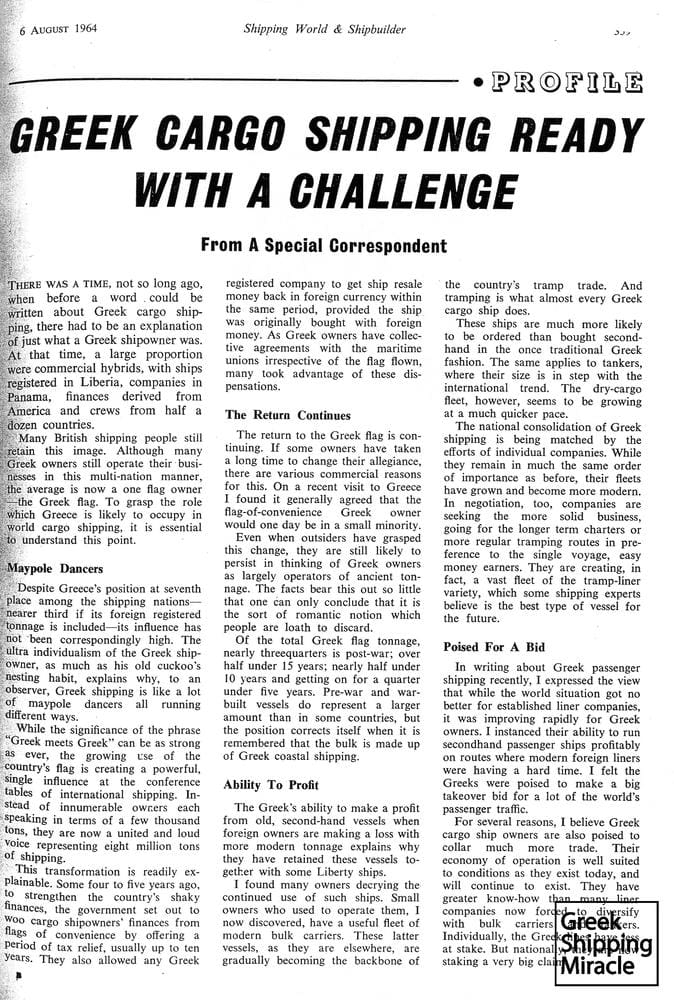 15. Article published in the British magazine Shipping World & Shipbuilder, dated 1964, concerning the evolution of Greek shipping.