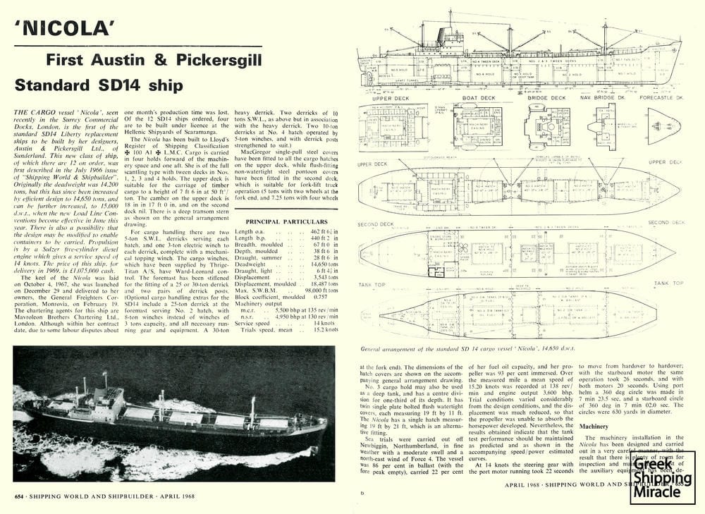 35. Article published by the British magazine Shipping World & Shipbuilder, dated 1968, referring to the building of the first SD-14 type cargo ship, the NICOLA.