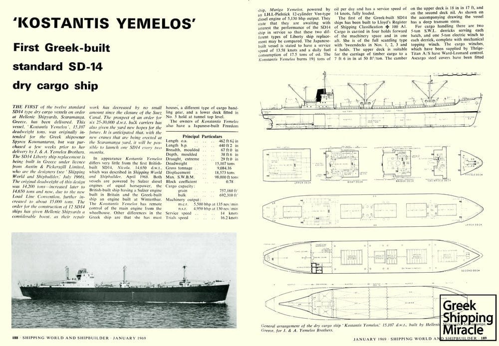39. Article published by the British magazine Shipping World & Shipbuilder, dated 1969, referring to the KOSTANTIS YEMELOS, the first SD-14 cargo ship built by Hellenic Shipyards S.A. in 1969. She was initially launched as the HELLENIC RENAISSANCE.