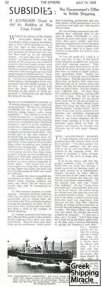 3. Article from the British magazine The Sphere, dated 1934, referring to subsidies offered to British shipping by their government.