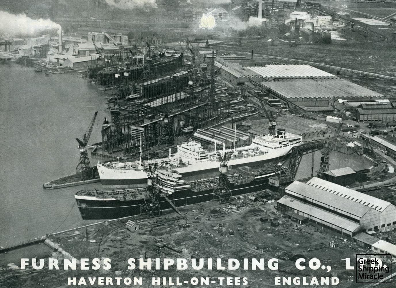 41. Advertisement of the Furness Shipbuilding Co., Ltd., United Kingdom depicting the British tanker LONDON PRIDE. She was the first vessel to be built in 1950 for London & Overseas Freighters, a company established for Kulukundis interests.