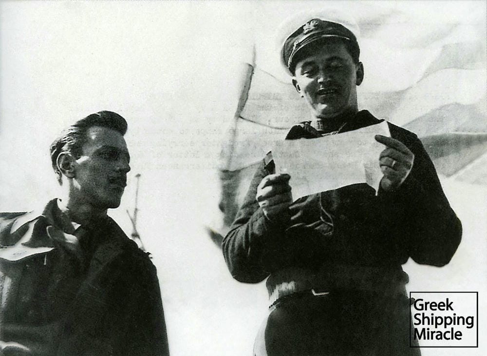 49. The master of the NICOLAOS G. KULUKUNDIS K. Panorios reading to the crew a telegram by the British admiral Sir Henry Harwood on 3 February 1943. She was the first steamship that entered the port of Tripoli, Libya following its evacuation by enemy forces.