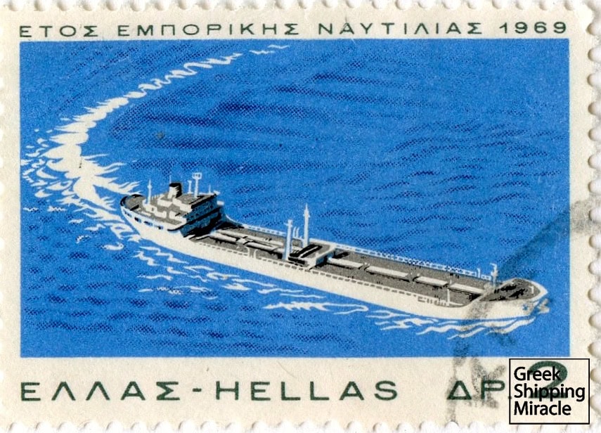 49. A stamp, dated 1969, depicting the OLYMPIC ARMOUR owned by the Onassis group, the first Greek tanker to surpass 200,000 dwt.