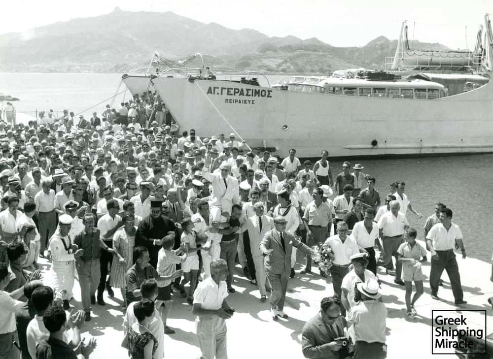 65. The warm welcoming of Georgios Papandreou at the island of Cephalonia, where he arrived in 1962 with the ferry boat AG. GERASIMOS, the first vessel of the Strintzis family.