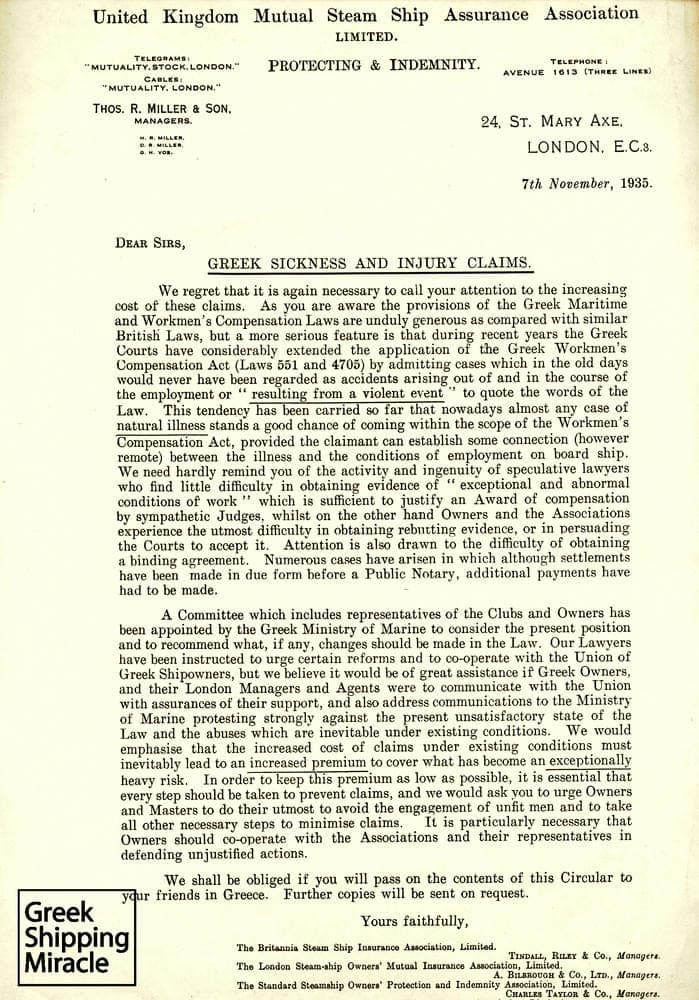 7. Circular by British insurers referring to Greek sickness and injury claims.