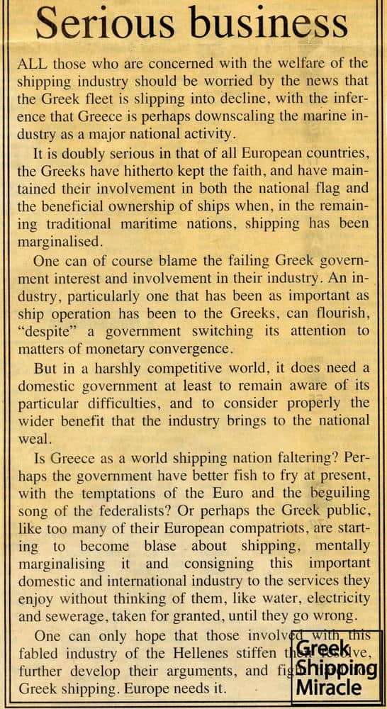 38. Article of the British newspaper Lloyd’s List, dated 20 March 1998, referring to the decline of the Greek registry.