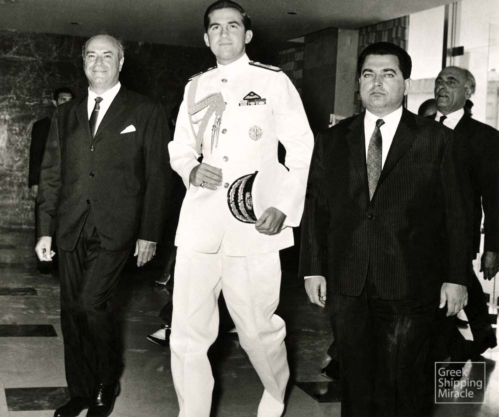 12. From the First Maritime Conference in August 1964. King Constantine, escorted by the President of the Union of Greek Shipowners, Professor Stratis Andreadis (on the left) and the Minister of Merchant Marine Stavros Biris (on the right).
