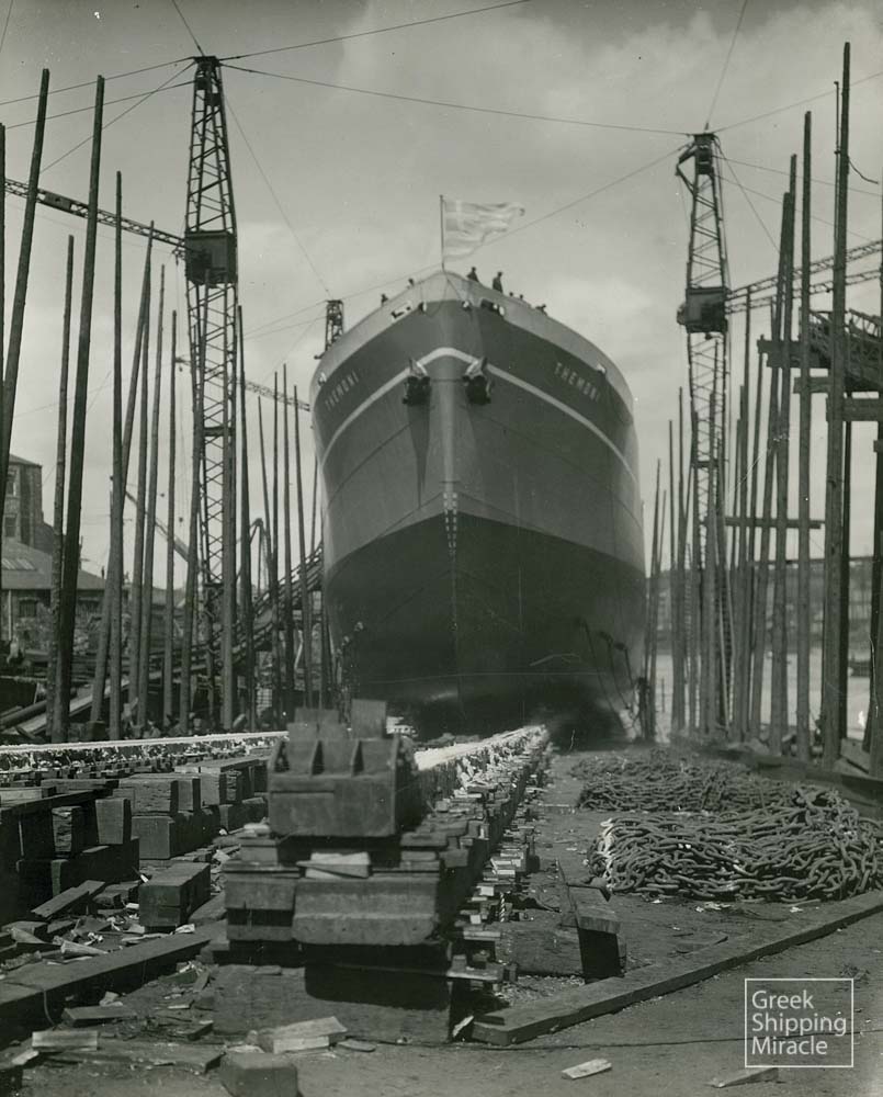 24. The launching of the Greek steamship THEMONI, built in 1938 for the Kassos Steam Navigation Co. Ltd.
