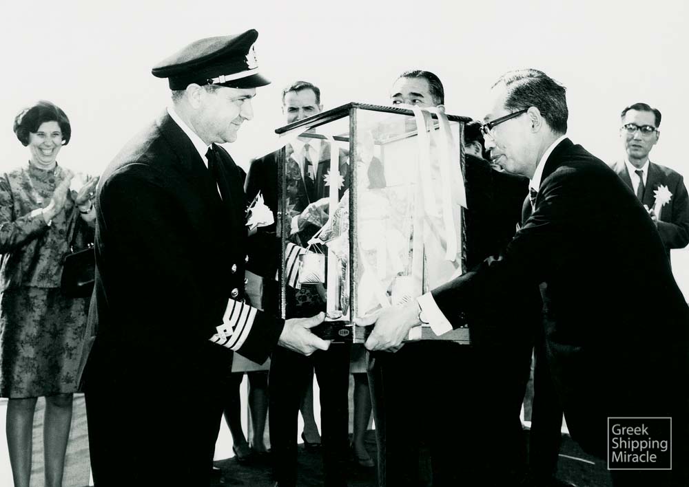 44. The master of the NICHOLAS J. GOULANDRIS, captain John Karastamatis, presented with a commemorative gift by the yard’s representatives during the delivery ceremony. John Karastamatis eventually became one of the co-founders of Eletson Corporation.