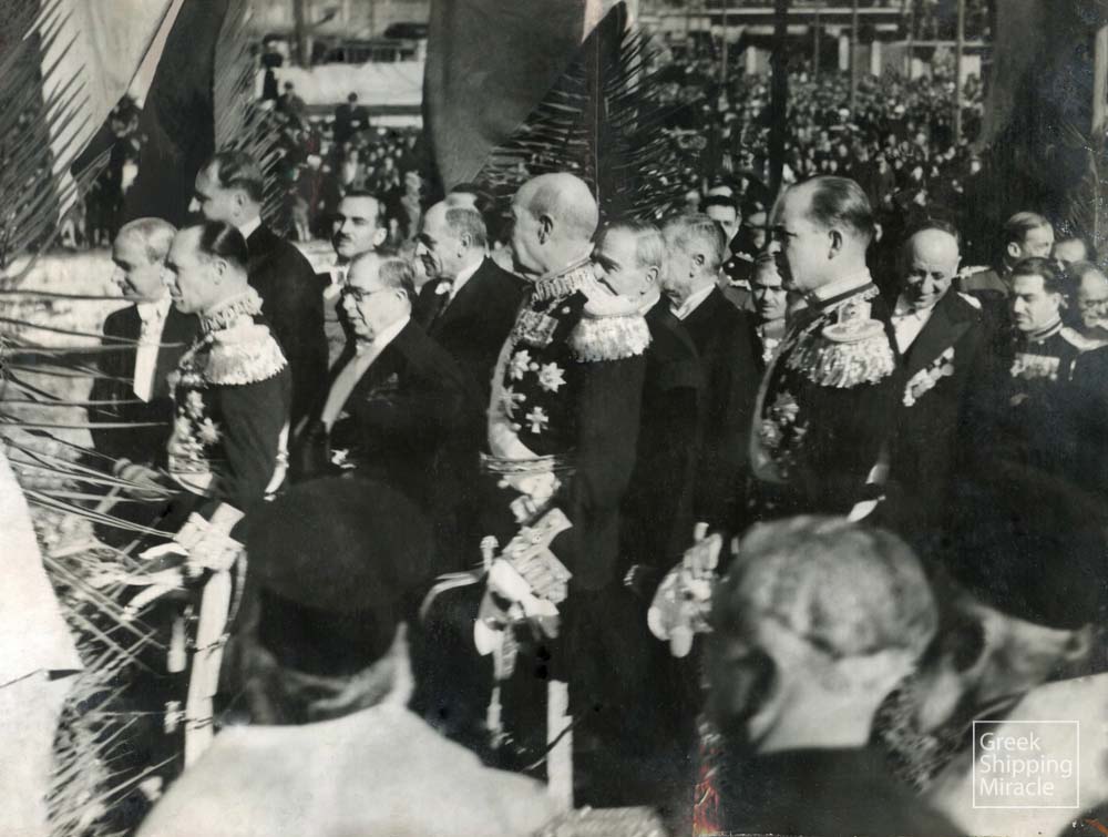 46. A picture from the water blessing ceremony in Piraeus in 1939, depicting among other officials, King George II, Prince Paul and Prime Minister Ioannis Metaxas.