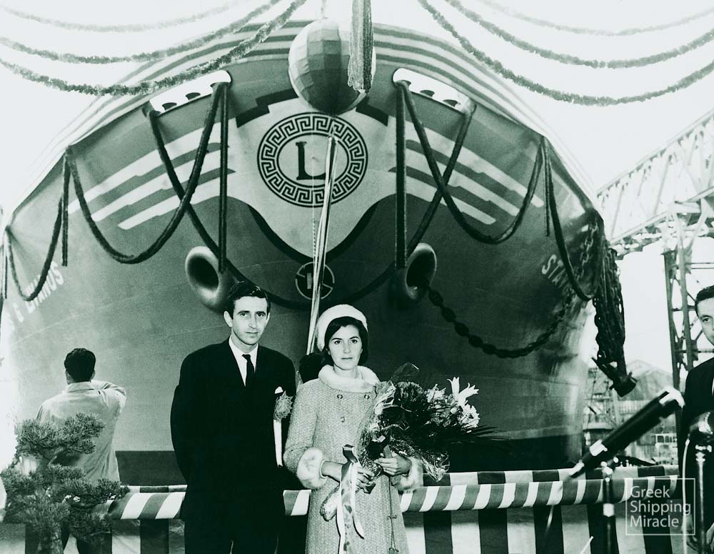 46. George S. Livanos and his sister Eugenie S. Niarchos, sponsor of the STAVROS G. LIVANOS at the launching of the ship on 2 December 1963.