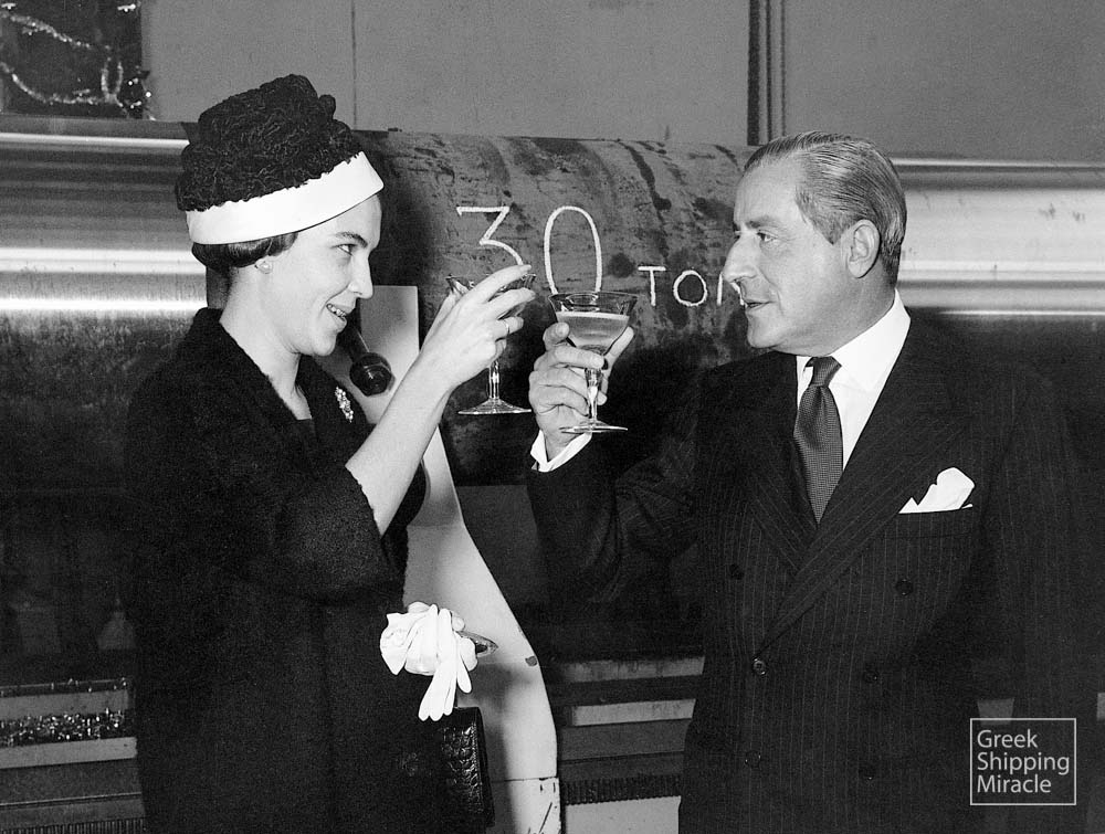 48. The founder of the Hellenic Shipyards S.A. Stavros Niarchos with Amalia C. Karamanlis, sponsor of the tanker WORLD HOPE on 22 December 1960. The WORLD HOPE was the first ship built by the above-mentioned shipyards.
