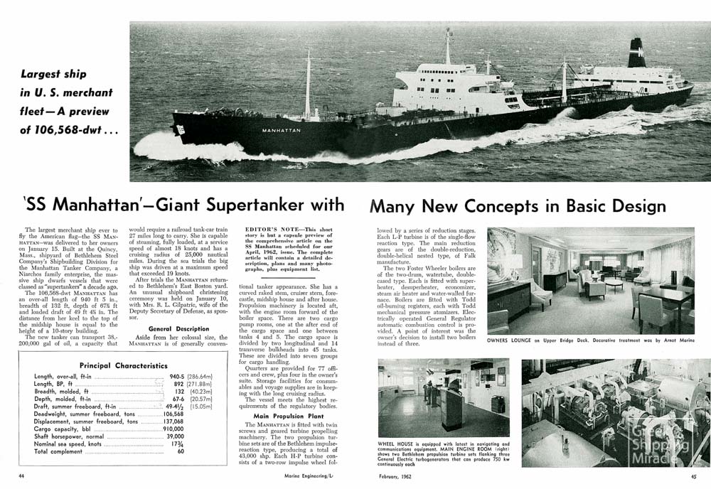 51. Press cutting from the US magazine Marine Engineering/Log, dated February 1962, referring to the steam turbine tanker MANHATTAN owned by the Niarchos group. She was the largest ship under the US flag at that time.