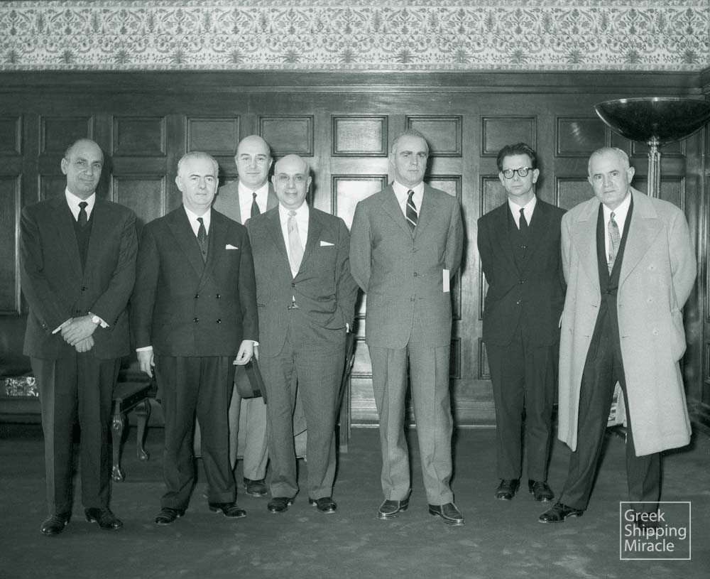 7. Greek Prime Minister and Minister of Merchant Marine in a meeting with representatives of Greek Shipping Co-operation Committee in 1963. Pictured from left to right: Costas J. Lyras, Minister Stelios Kotiades, Demetrius J. Chandris, Costas M. Lemos, Prime Minister Konstantinos Karamanlis, Dimitrios Kopanitsas and John E. Kulukundis.