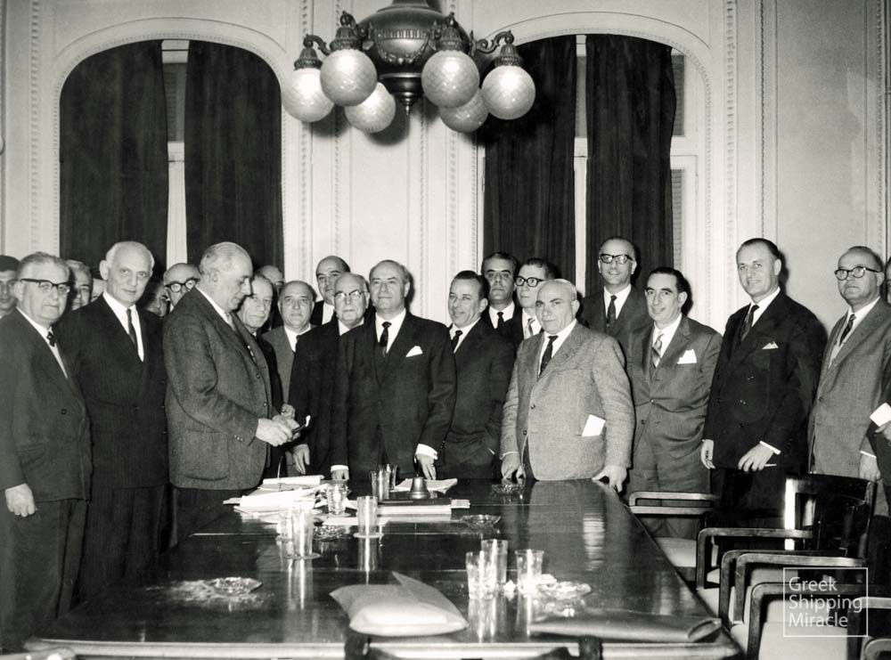 8. Members of the board of the Union of Greek Shipowners with seaman’s unions representatives at the offices of the UGS in 1964 after signing a new collective agreement.