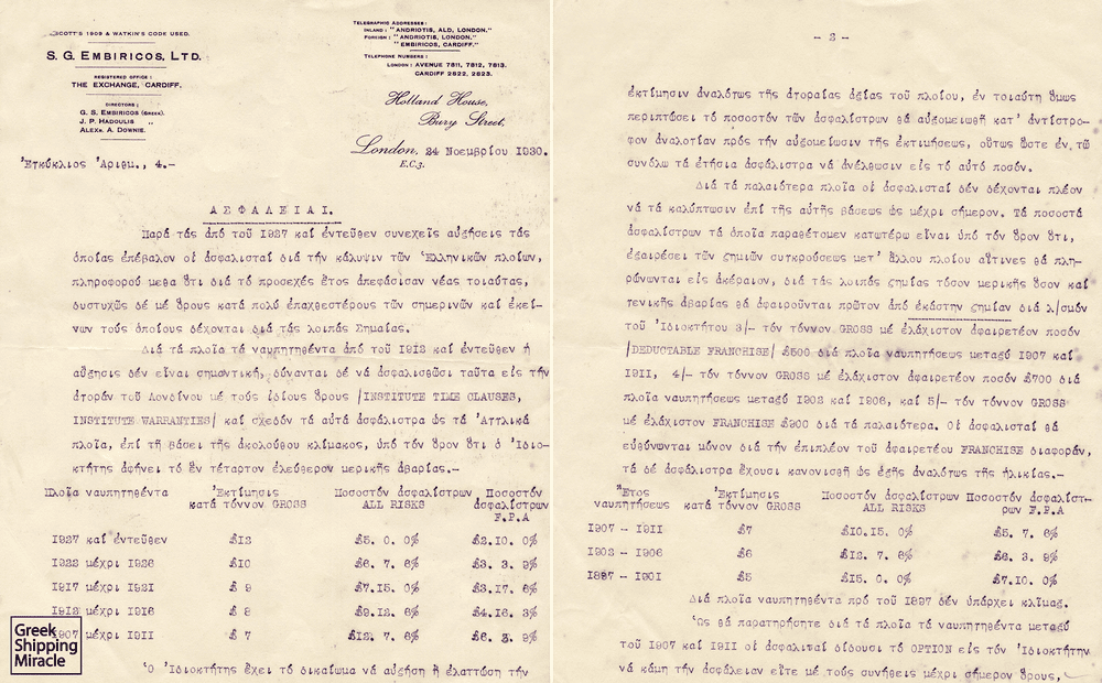 Επιστολόχαρτo της S. G. Embiricos Ltd. σχετικά με την επιβολή αυξημένων ασφαλίστρων από τους Βρετανούς στα ελληνικά πλοία (1 από 2).