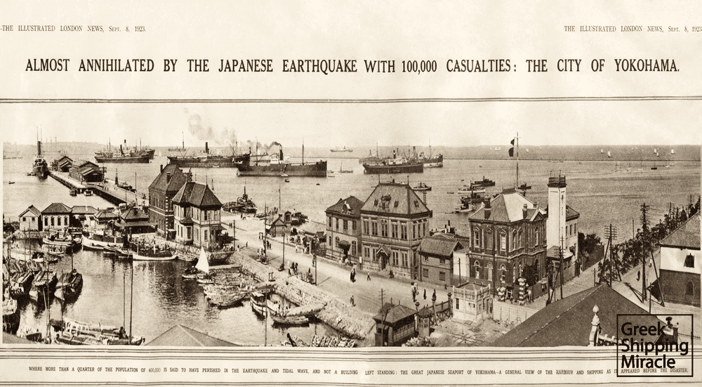 Απόκομμα από το The Illustrated London News, με ημερομηνία 8 Σεπτεμβρίου 1923, που αναφέρεται στον καταστροφικό σεισμό στην Ιαπωνία. Η αποκατάσταση των τεράστιων ζημιών δημιούργησε τις προϋποθέσεις για σημαντική αύξηση των θαλάσσιων μεταφορών.